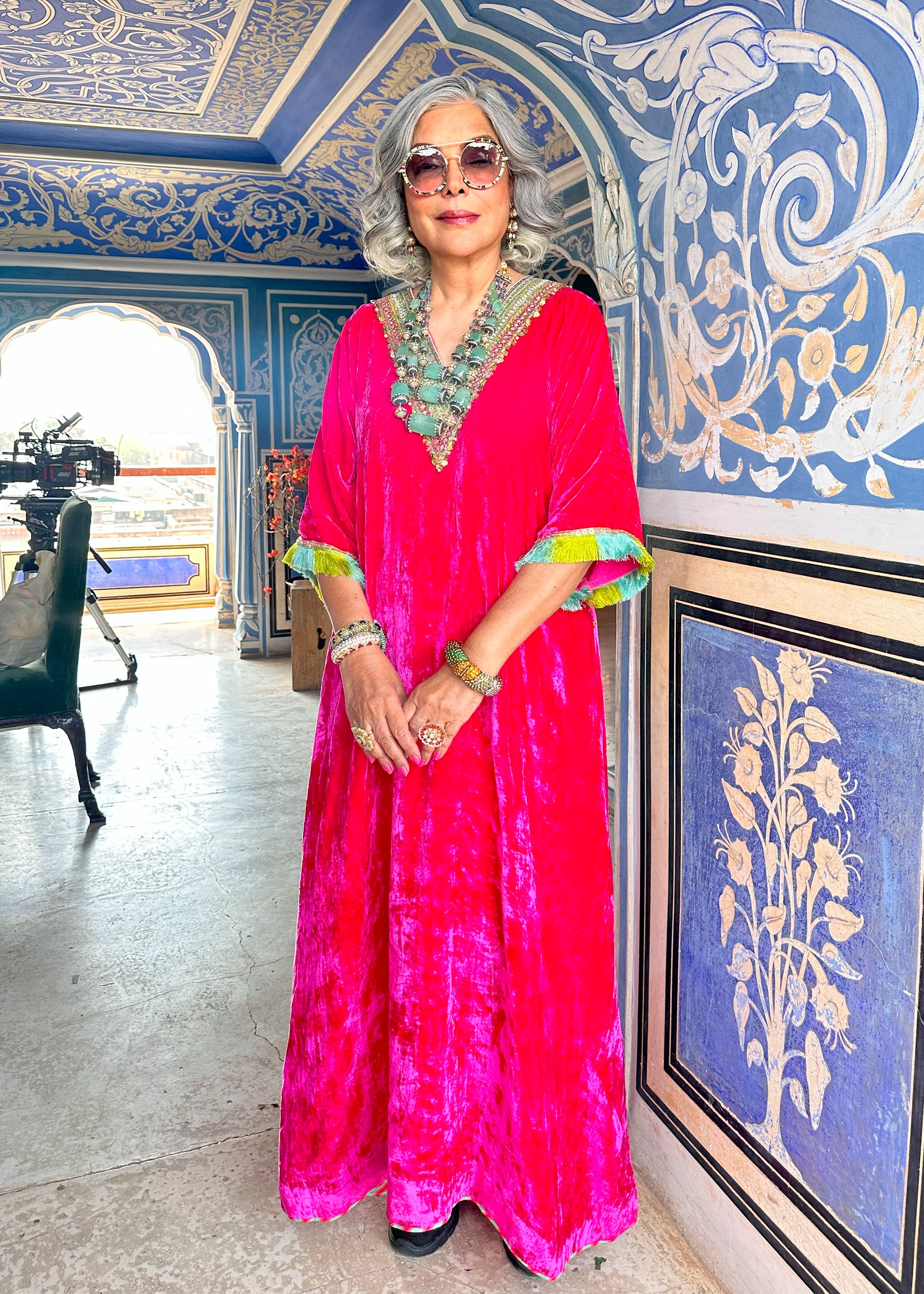 Zeenat Aman Hot Pink Velvet Kaftan Kurta Set