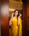 Rashmika Mandana Self Stripe Yellow Saree