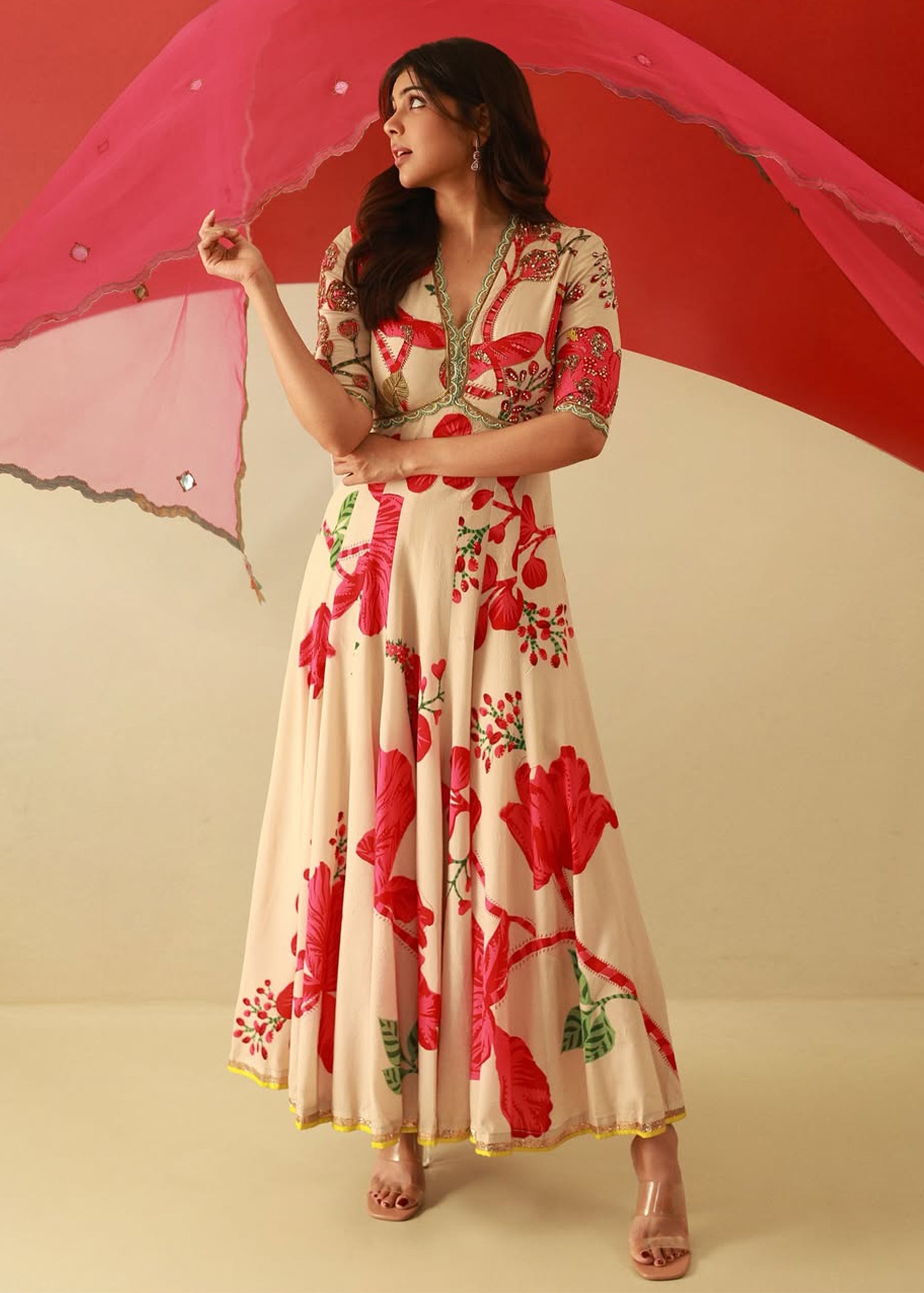 Kalyani Priyadarshan Red And Ivory Anarkali Set