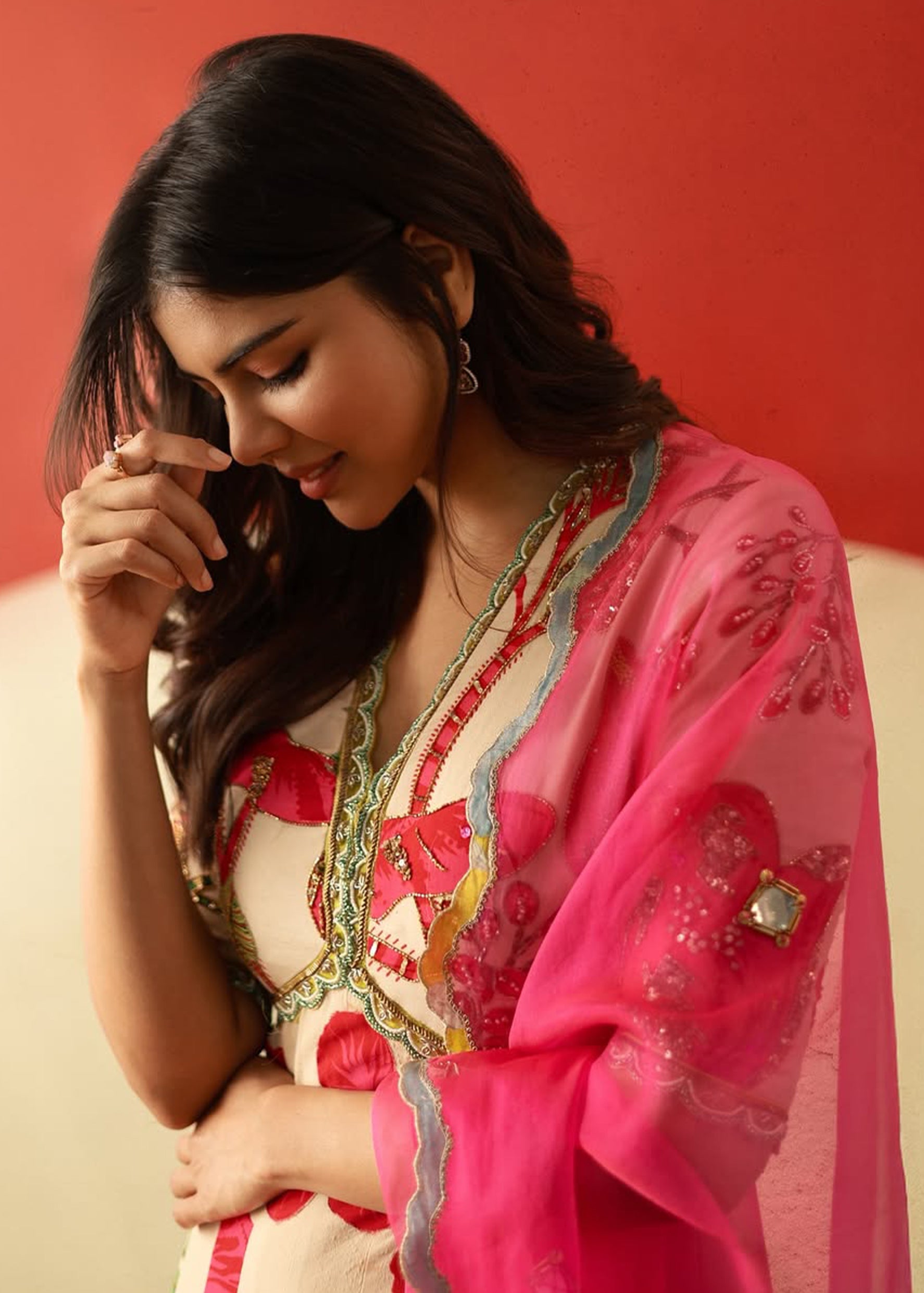 Kalyani Priyadarshan Red And Ivory Anarkali Set