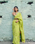 Safar Chanderi Bright Lime Booti Embroidered Saree With Flower Embroidered Stripe Blouse