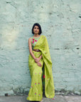 Safar Chanderi Bright Lime Booti Embroidered Saree With Flower Embroidered Stripe Blouse