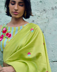 Safar Chanderi Bright Lime Booti Embroidered Saree With Flower Embroidered Stripe Blouse