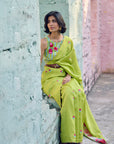 Safar Chanderi Bright Lime Booti Embroidered Saree With Flower Embroidered Stripe Blouse