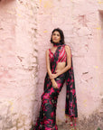 Safar Black Printed Saree With Embroidered Blouse