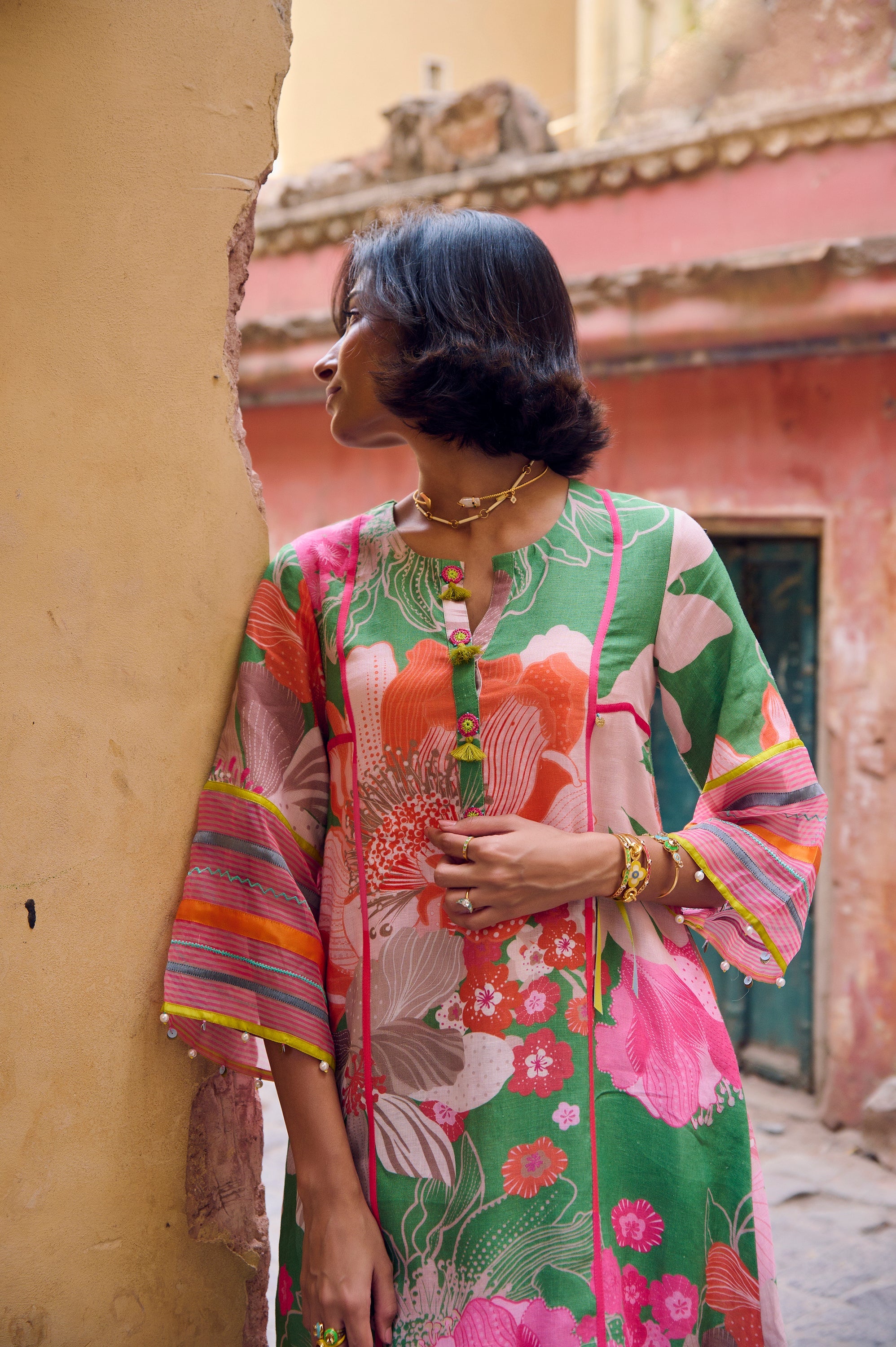 Safar Floral Linen Green Kurta Set