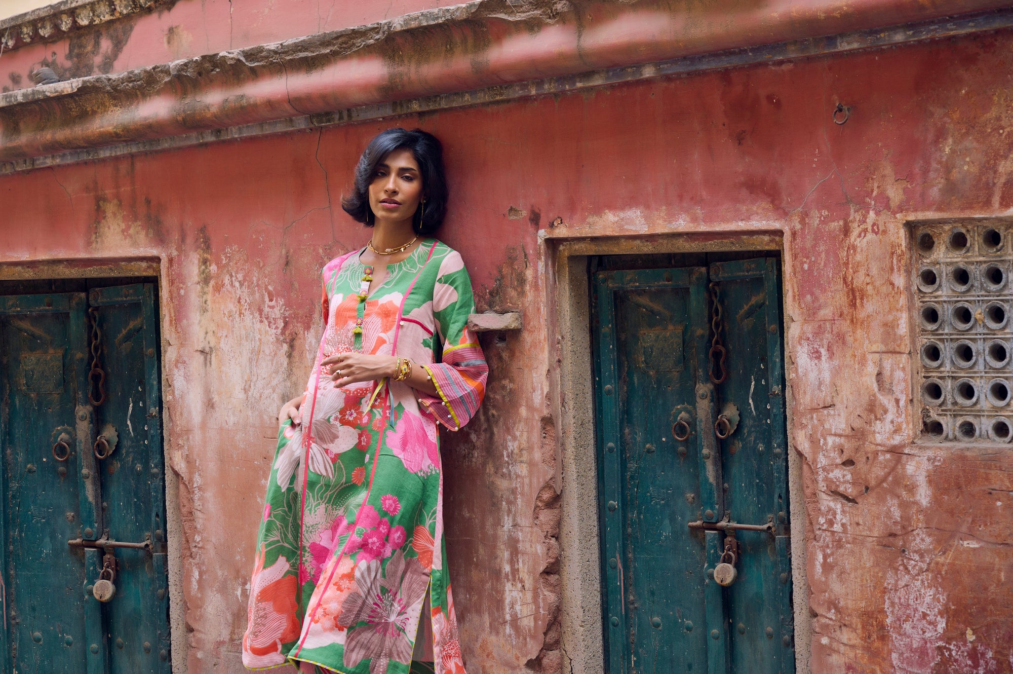 Safar Floral Linen Green Kurta Set