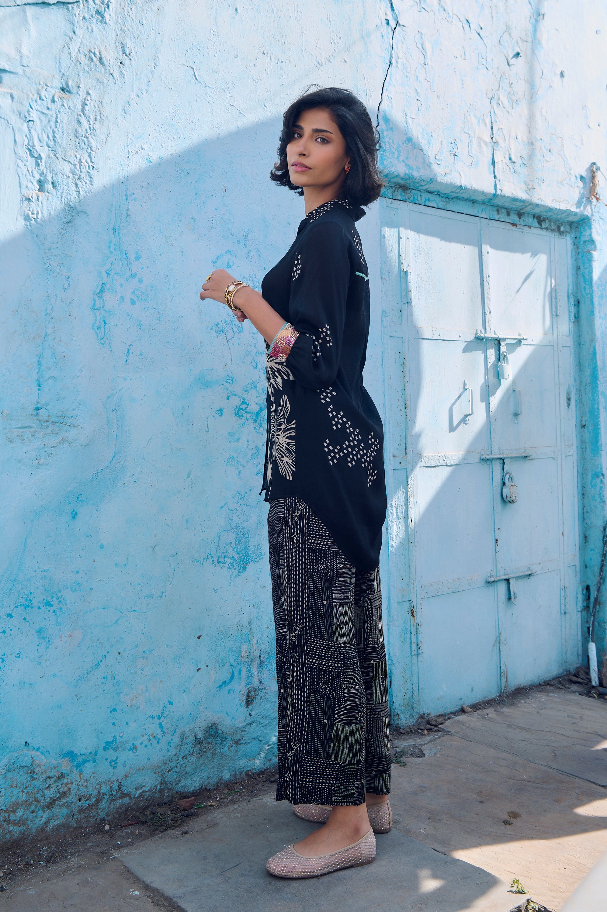 Safar Cuff Embroidered Black Shirt Co-Ord Set