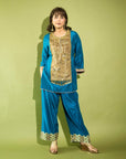 Hina Khan Teal Blue Silk Antique yoke Kurta Set