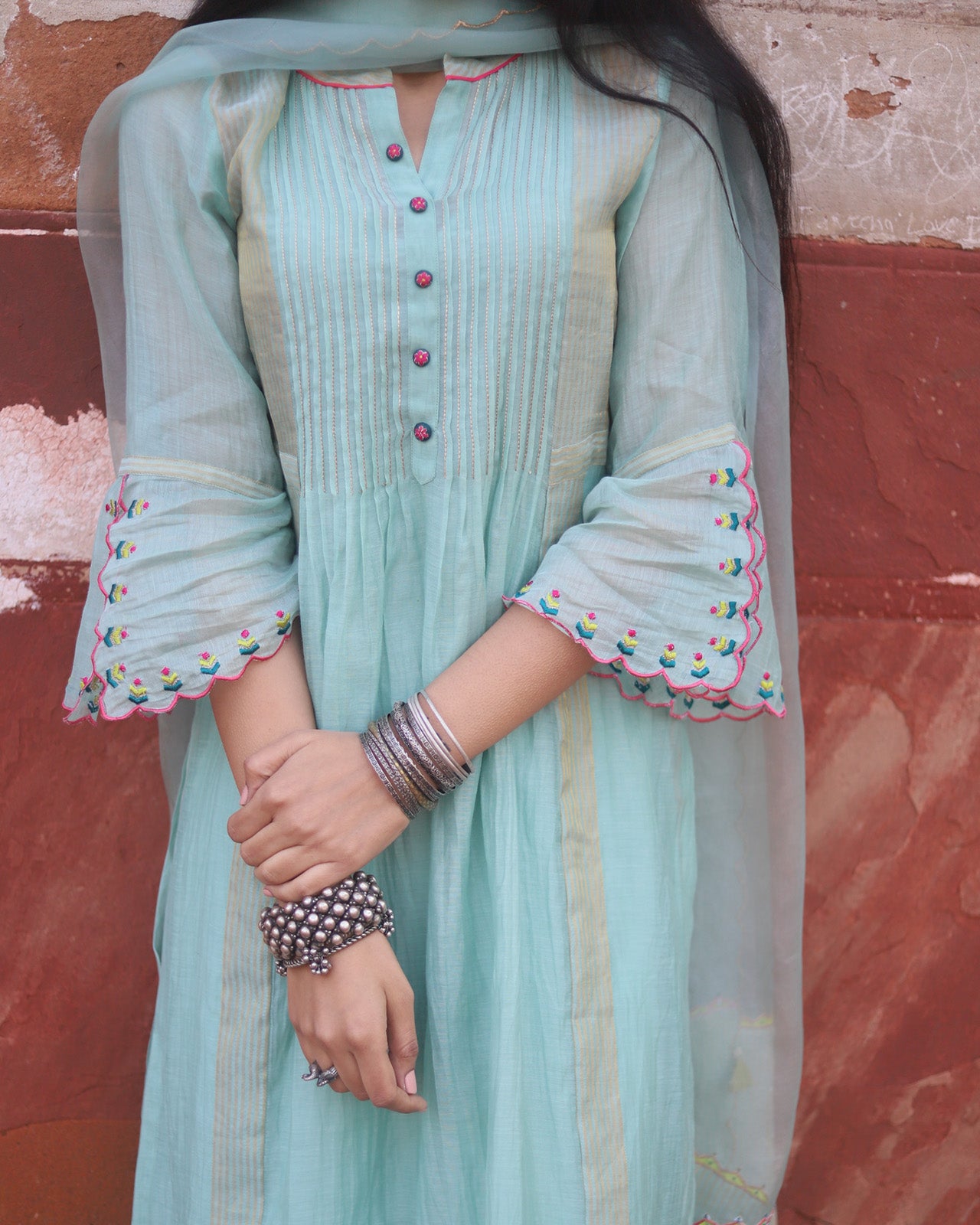 Zaynab Powder Blue Pintuck Kurta Set