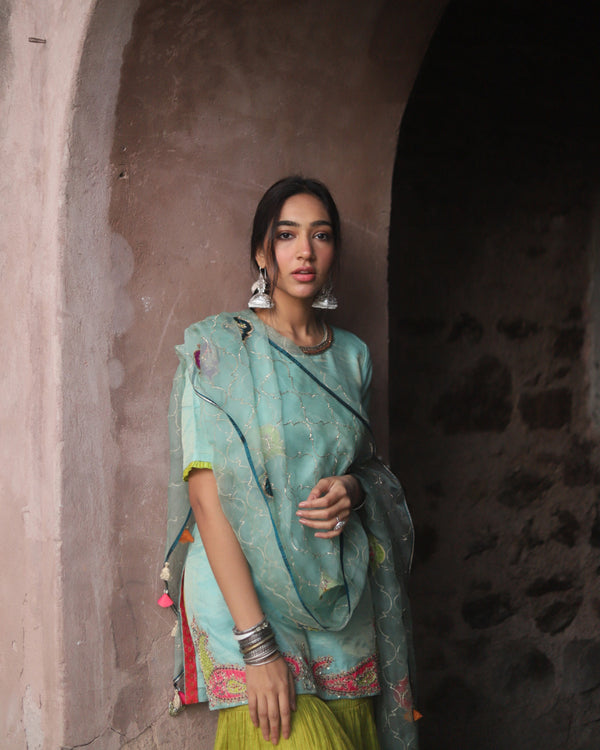 Nazneen Powder Blue - Green Paisley Gharara Set