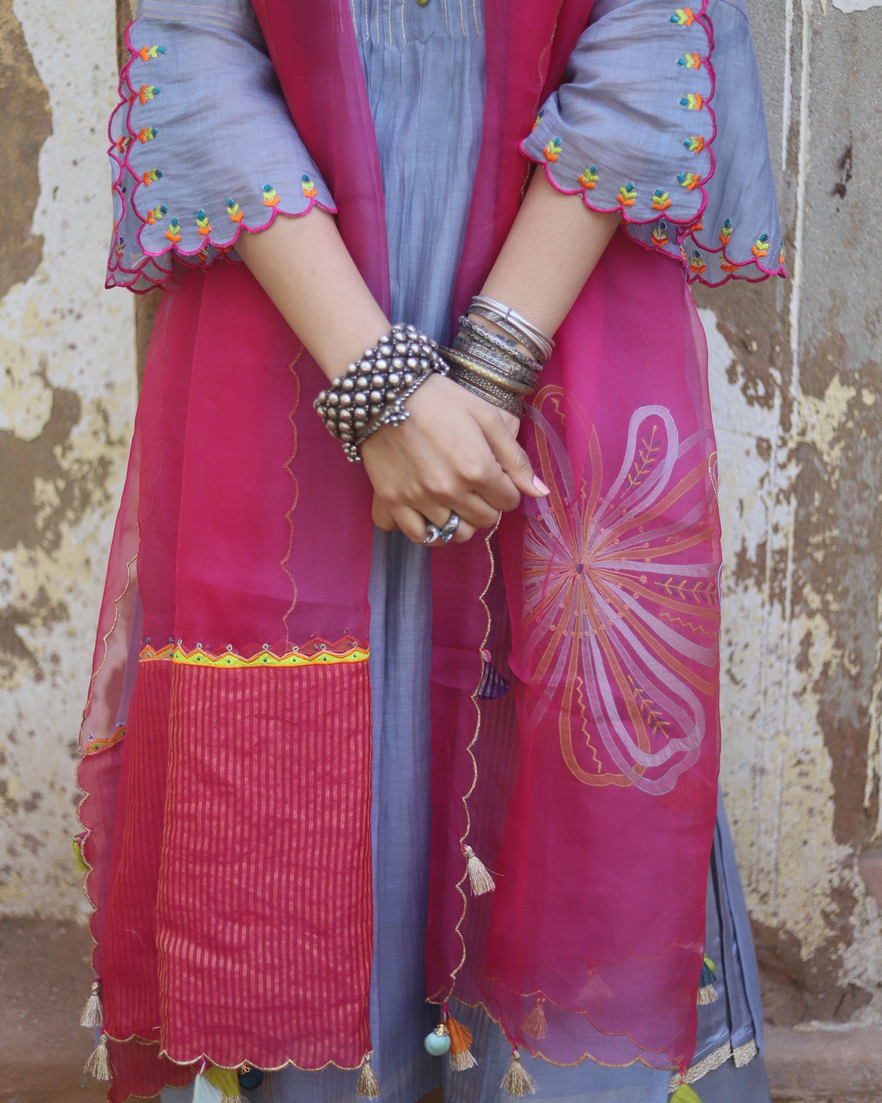 Zaynab Grey - Magenta Pintuck Kurta Set