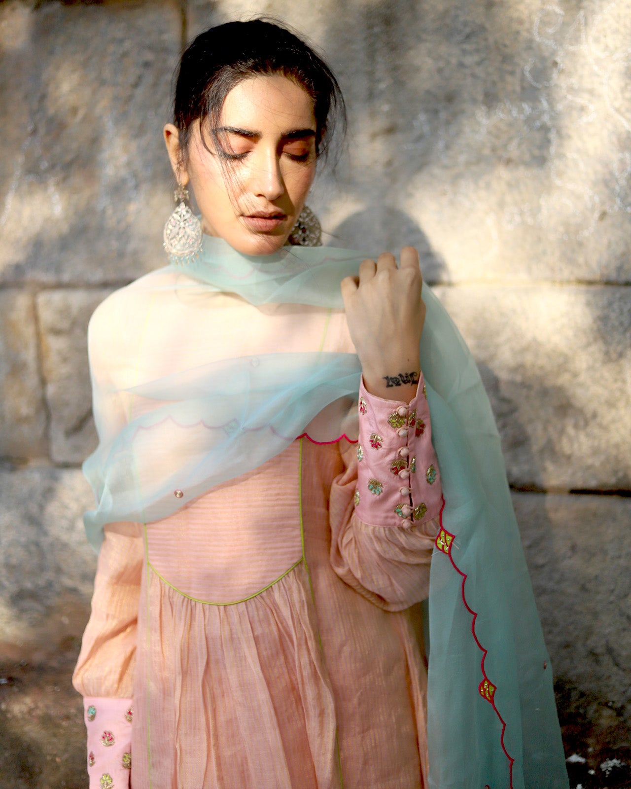 Zaynab Peachish Pink - Powder Blue Yoke Puckering Set