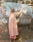 Zaynab Peachish Pink - Powder Blue Yoke Puckering Set