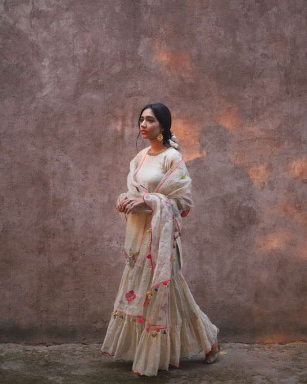 Nazneen Ivory Golden Tissue Chanderi Gharara