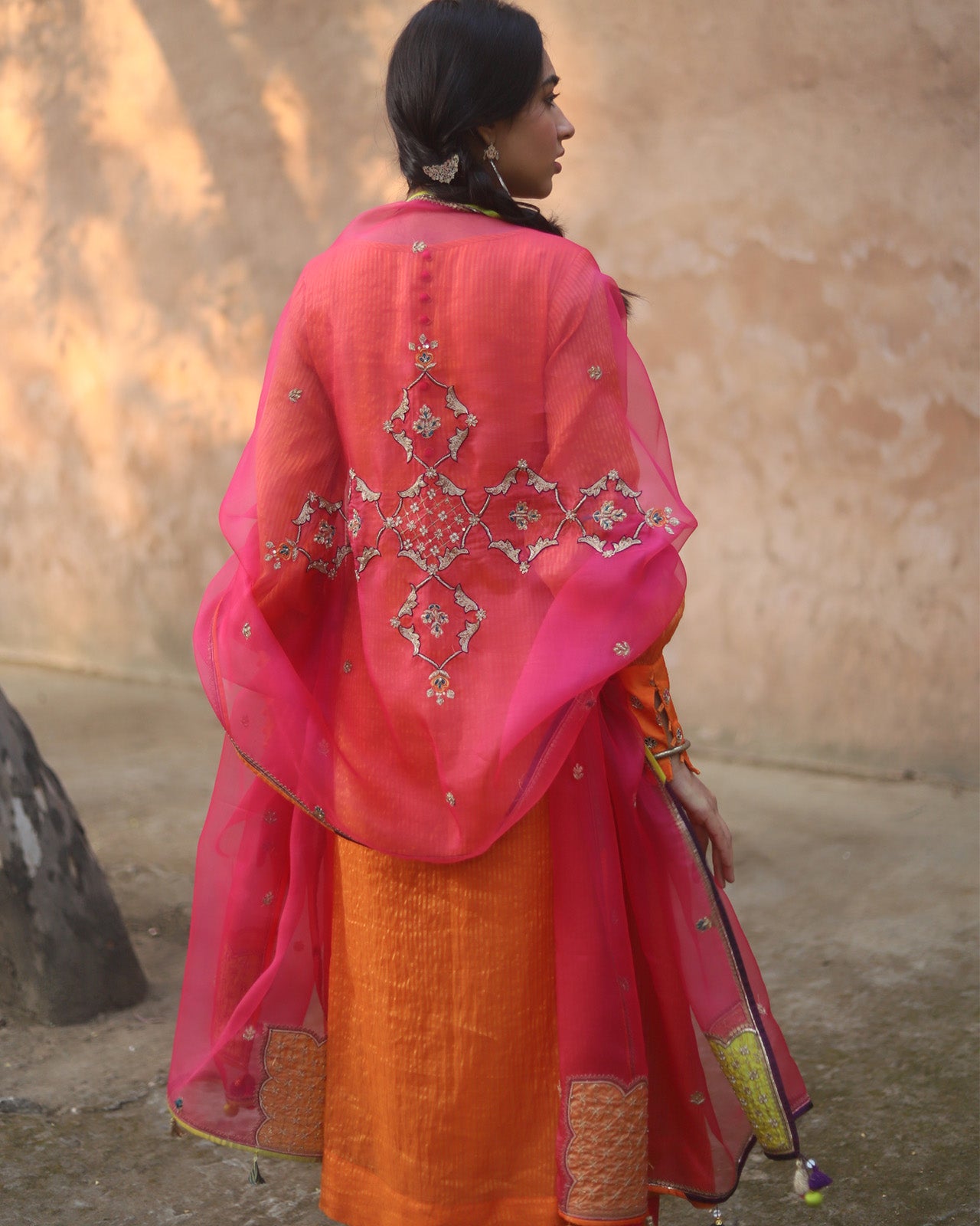 Nazneen Orange - Magenta Yoke Puckering Set