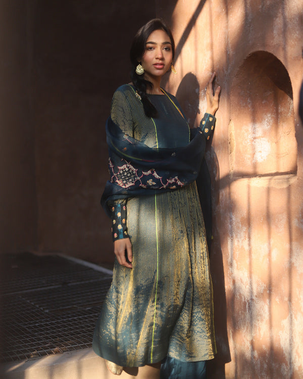 Nazneen Teal Yoke Puckering Kurta