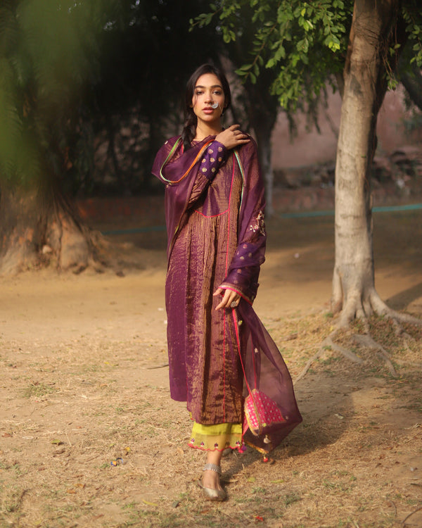 Nazneen Purple Yoke Puckering Kurta