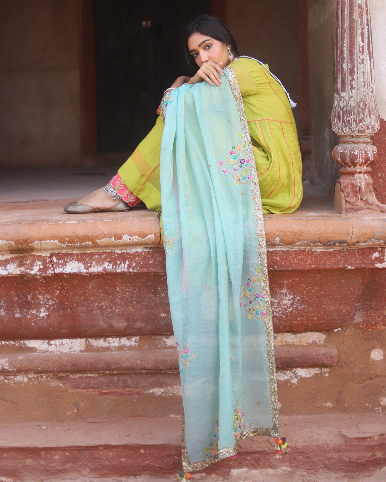 Nazneen Powder Blue Tissue Chanderi Embroidered Dupatta