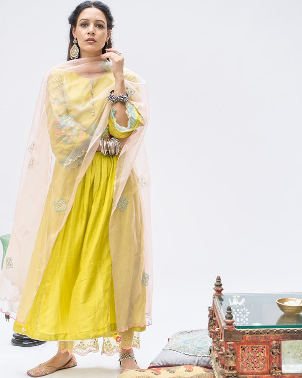 Gulnaaz Lime Green Center Puckering Kurta