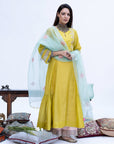 Gulnaaz Lime Green Self Scallop Puckering Kurta Set