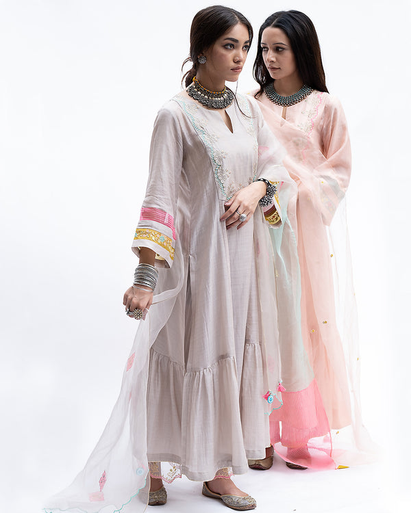 Gulnaaz Grey Self Scallop Puckering Kurta Set