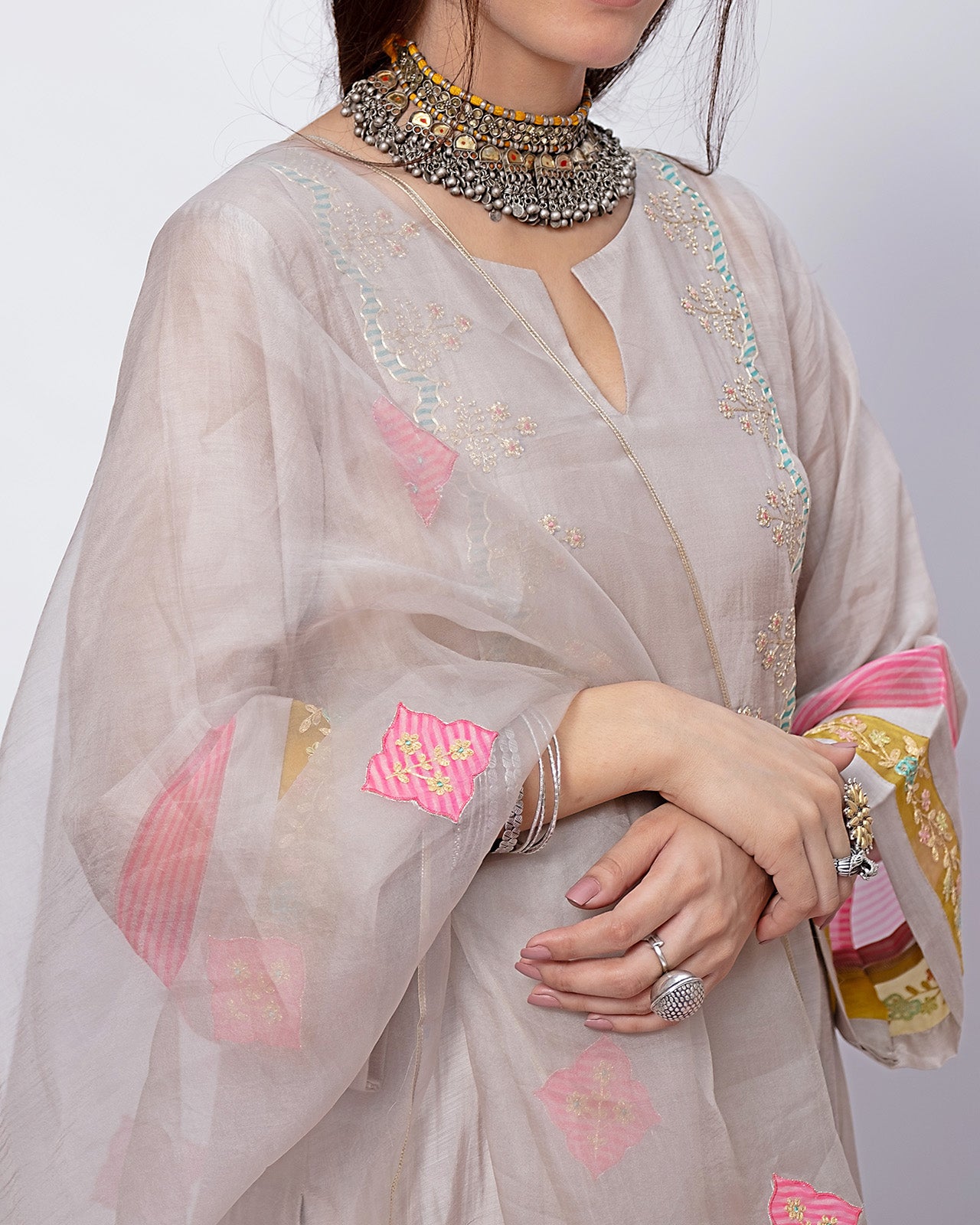 Gulnaaz Grey Side Panel Puckering Kurta