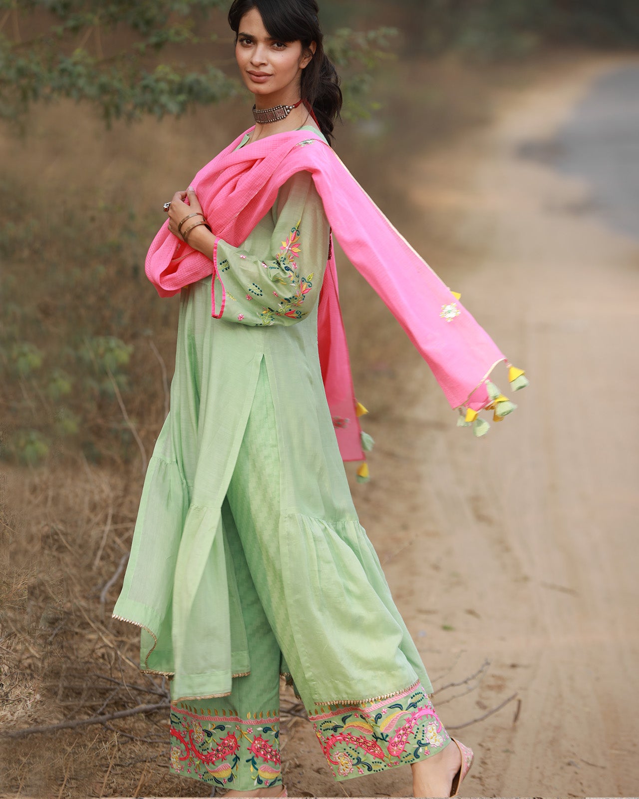 Bagh Mint Green Front Panel Puckering Kurta