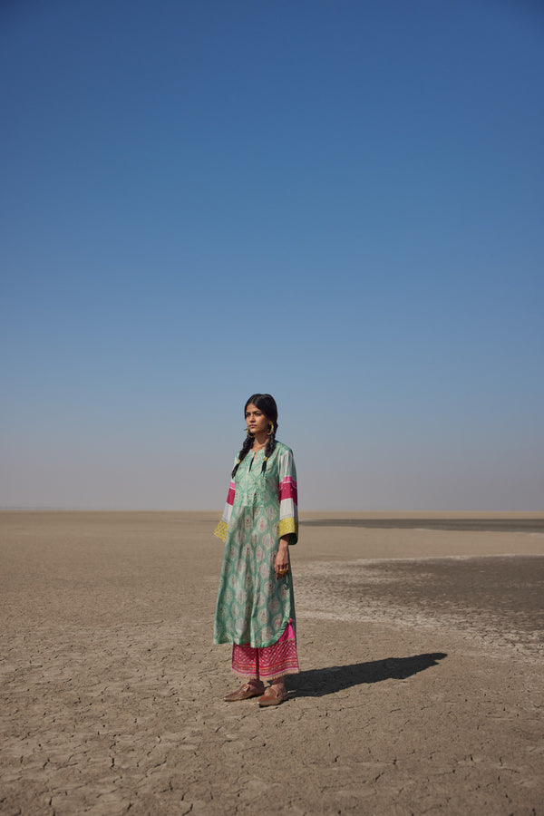 Winter Edit Powder Blue Printed Silk Back Pleat Kurta Set