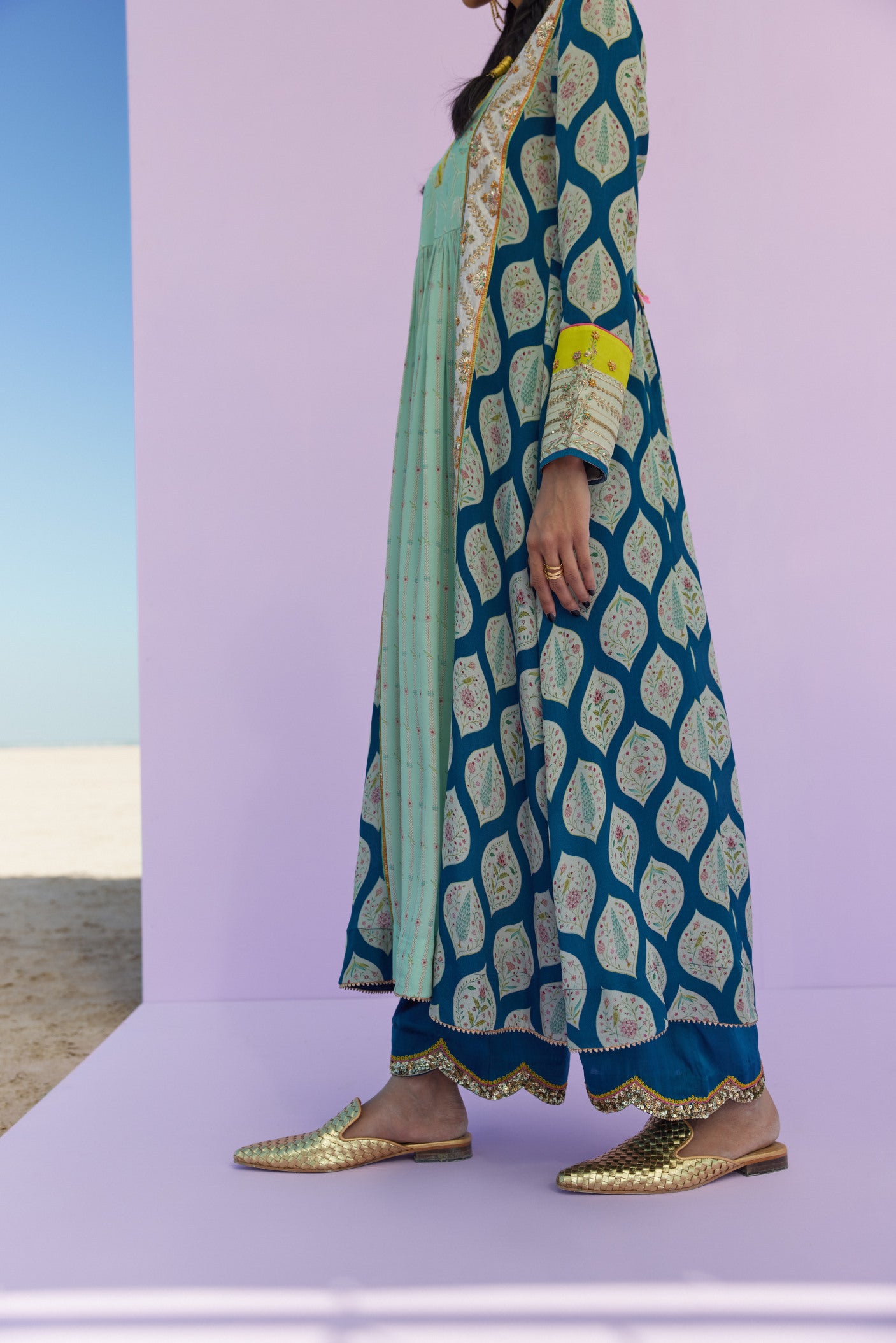 Winted Edit Teal Blue - Powder Blue Printed Panel Kurta Set