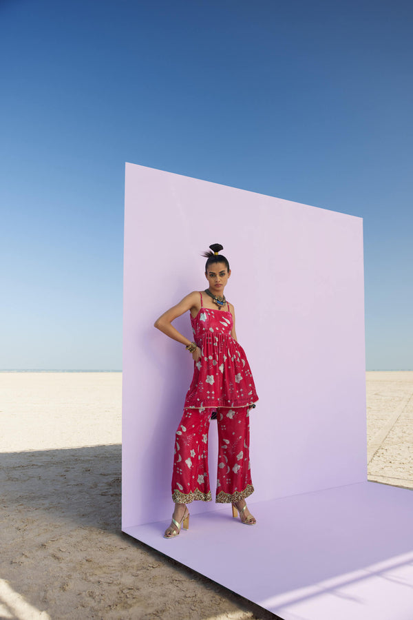 Magenta Printed Silk Velvet Puckering Kurta Set