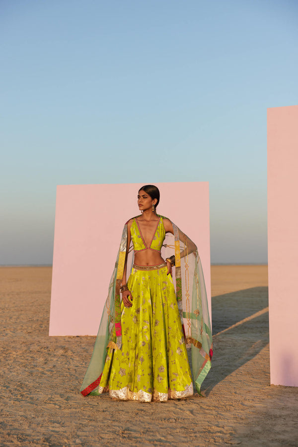 B.Lime Printed Silk Velvet Lehenga Set