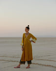 Mustard Yellow Bell Sleeve Silk Velvet Kurta Set