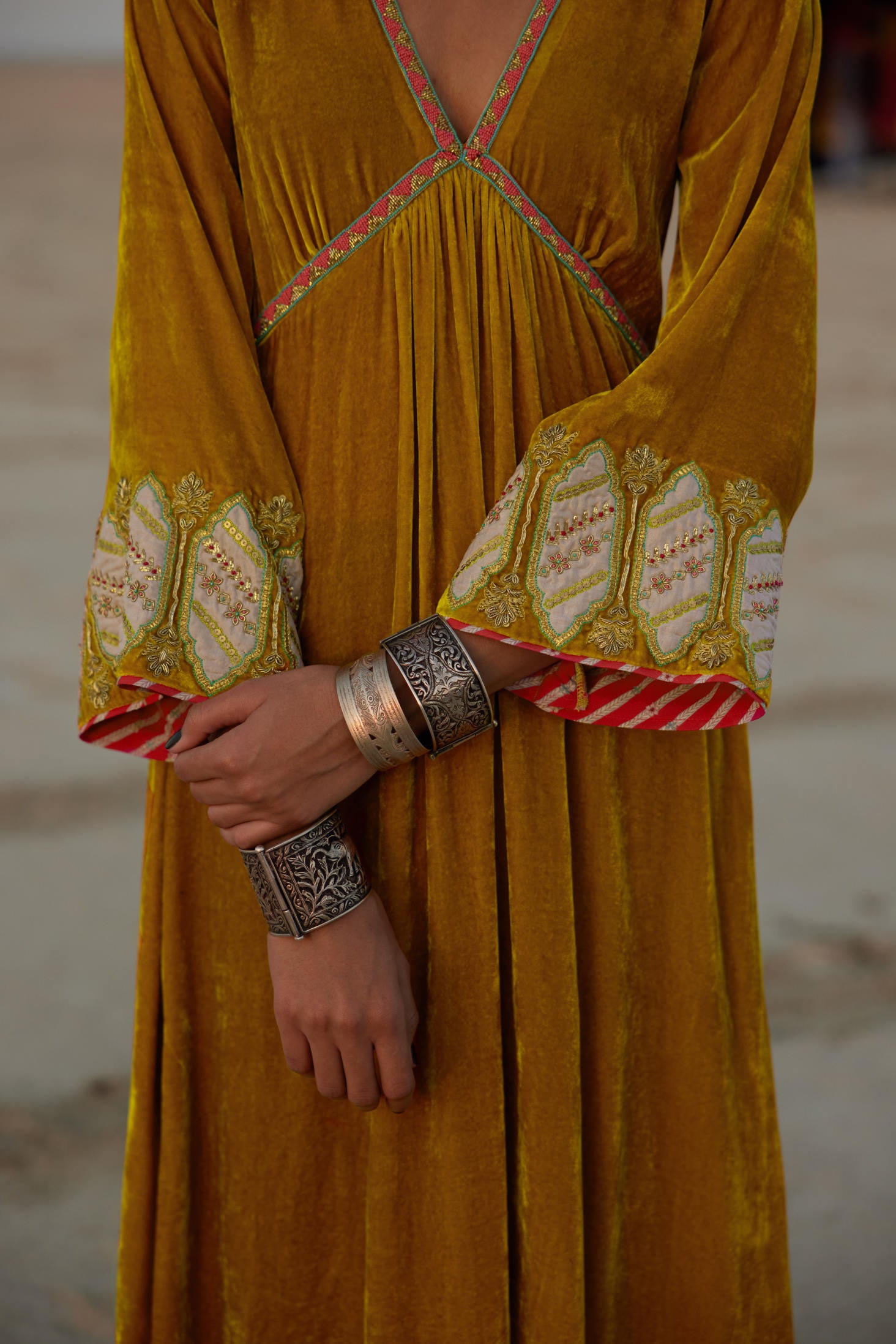 Mustard Yellow Bell Sleeve Eka Lakhani Silk Velvet Kurta Set