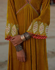 Mustard Yellow Bell Sleeve Eka Lakhani Silk Velvet Kurta Set