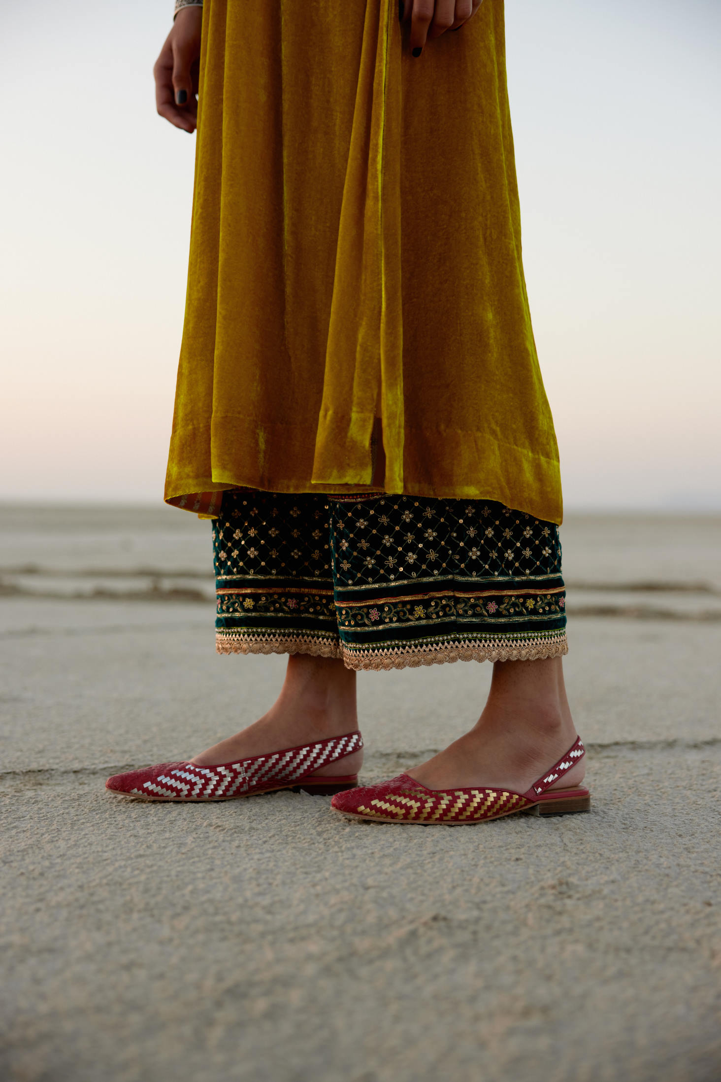 Mustard Yellow Bell Sleeve Eka Lakhani Silk Velvet Kurta Set