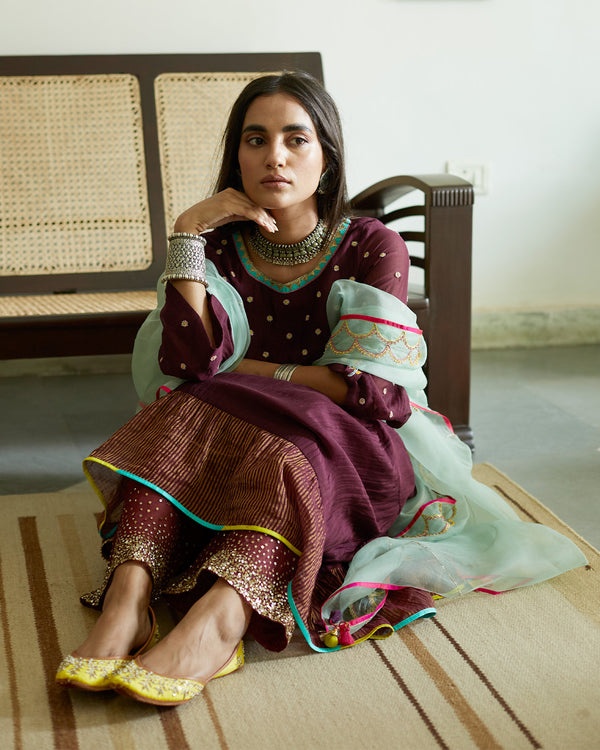 Firdaus Wine Tiered  Kurta set