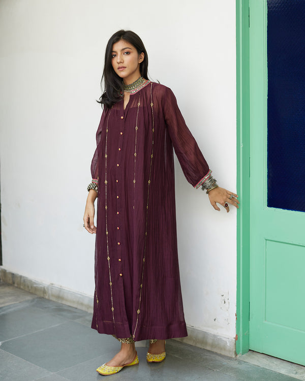 Firdaus Wine Collar Puckering Kurta Set