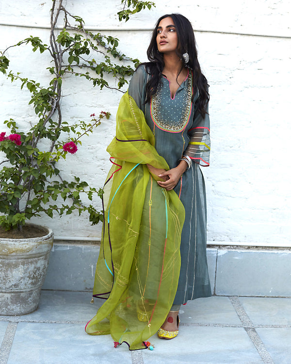 Firdaus Olive Green Sequence Yoke Kurta Set