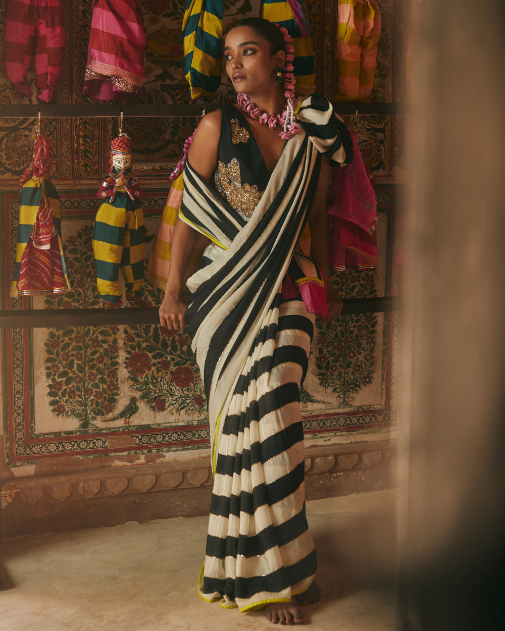 Khel Black And White Stripe Saree With Waistcoat Blouse