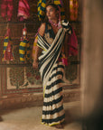 Khel Black And White Stripe Saree With Waistcoat Blouse