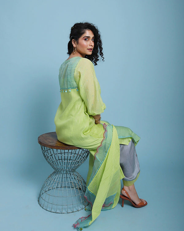 Life In Pink Sunny Green Side Panel Kurta Set