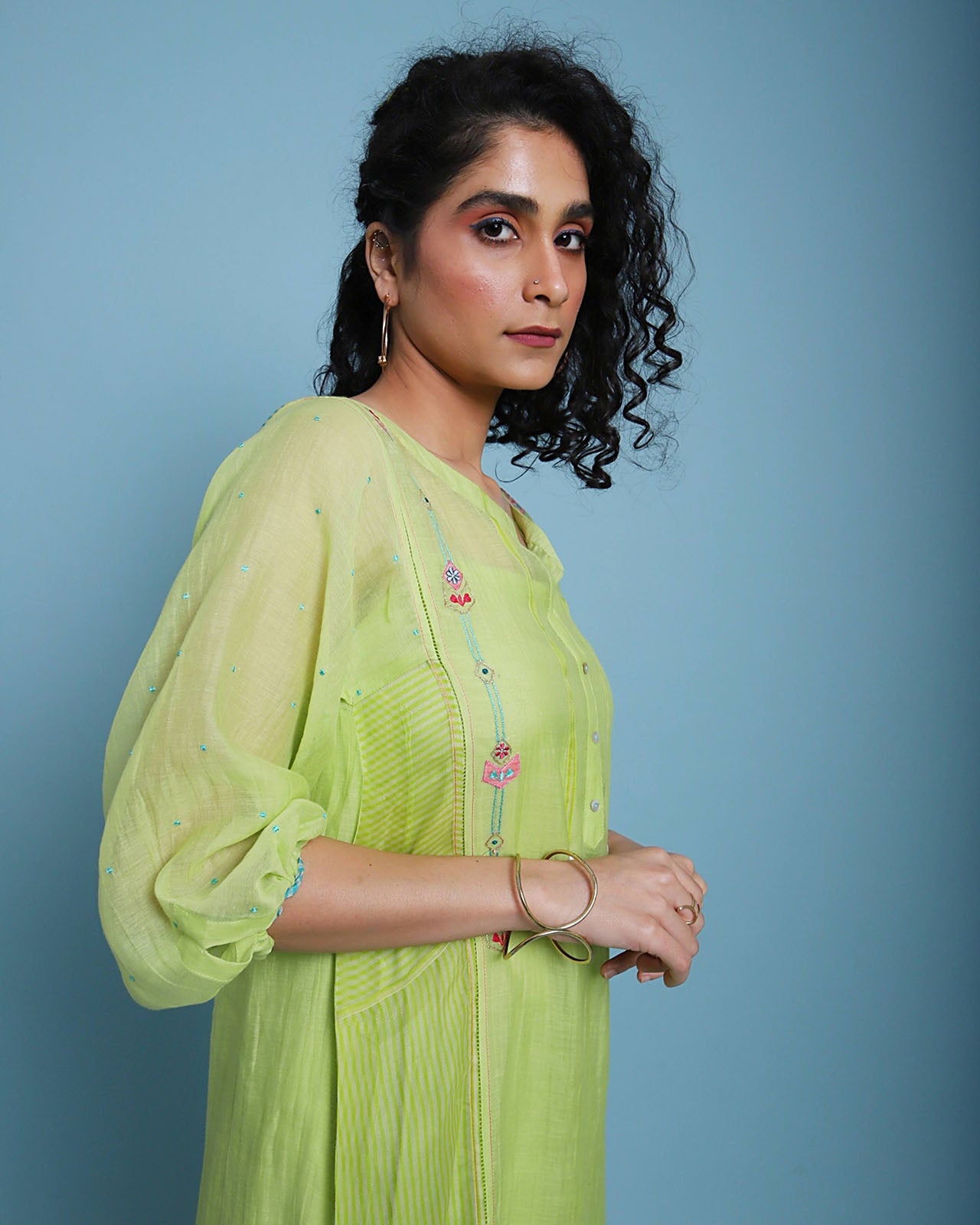 Life In Pink Sunny Green Side Panel Kurta Set