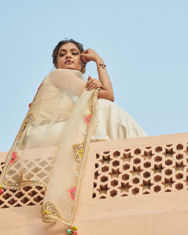 Zahra Ivory Golden Check Kurta Gharara Set