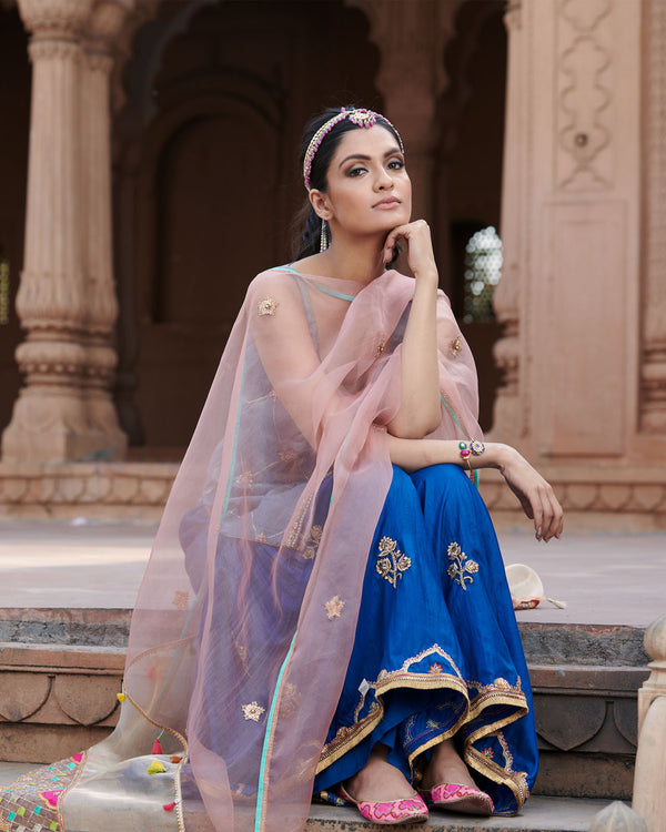 Zahra Moonlight Blue Check Kurta Gharara Set