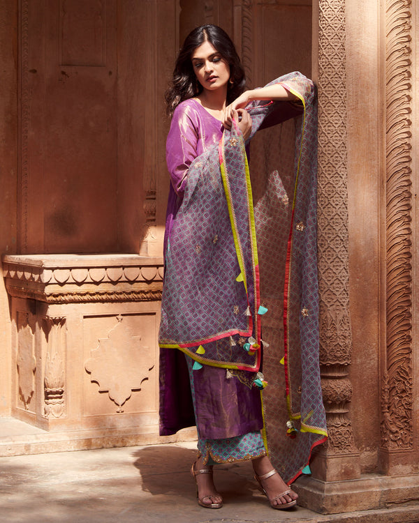 Zahra Printed Powder Blue -Pink Gotta Tikki Dupatta