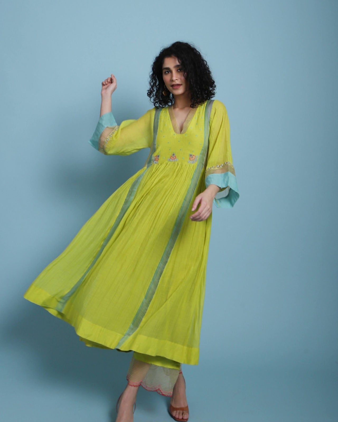 Life In Pink Yellow Side Puckering Kurta Set