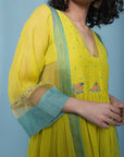 Life In Pink Yellow Side Puckering Kurta Set