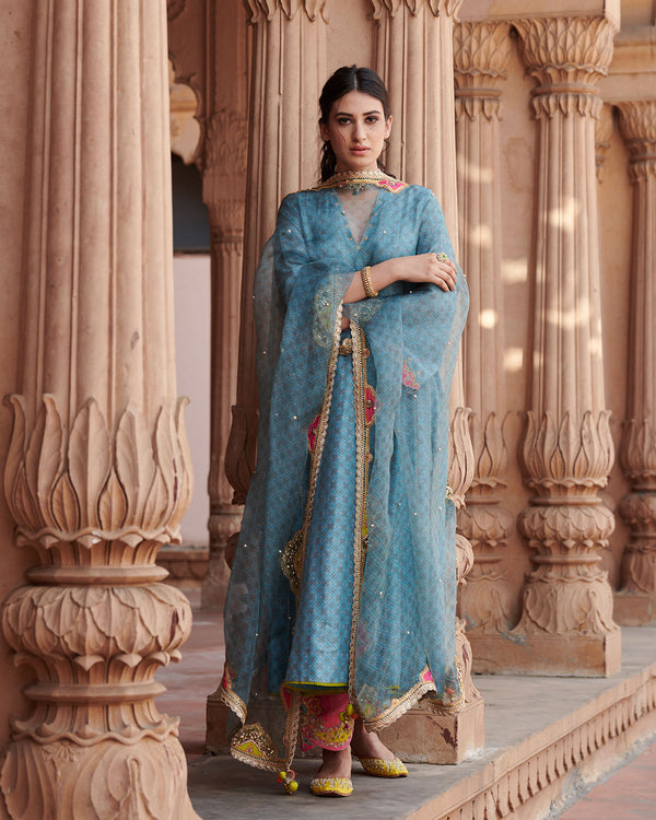 Zahra Printed Powder Blue Kantika Dupatta