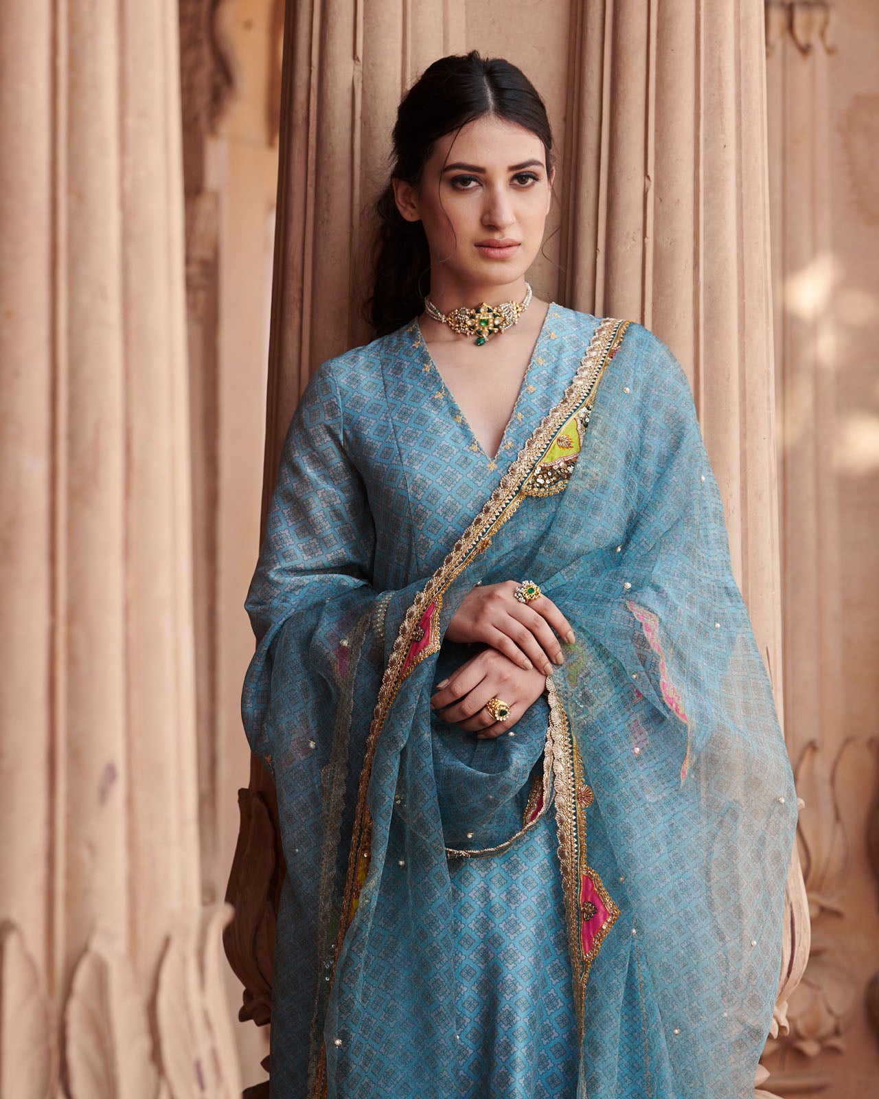 Zahra Printed Ice Blue Side Kali Anarkali Set